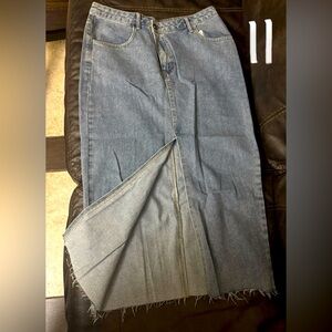 Denim Maxi Skirt with Frayed Hem